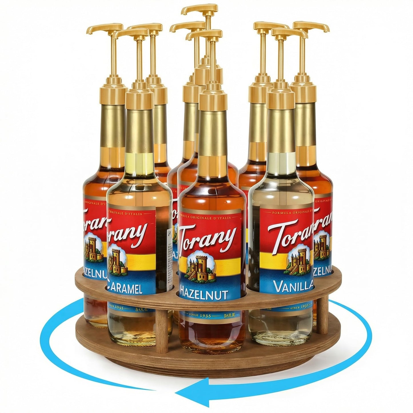 THYGIFTREE Rotating Coffee Syrup Organizer for Countertop, 9-Bottle Wooden Syrup Rack & Bottle Holder for Coffee Bar Station, Turntable Display Stand, Brown