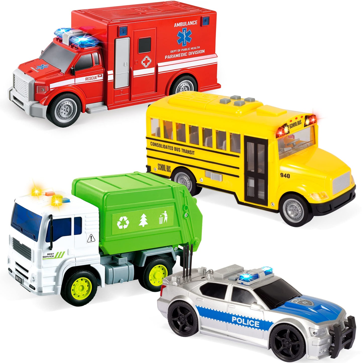 JOYIN 4 Pcs 7" Long Vehicle Toy Set, Toddlers Cars with Lights and Siren Sound, Including Play Police Car, School Bus, Garbage Truck, Ambulance, Birthday Party Gifts Toys for Boys 3-5