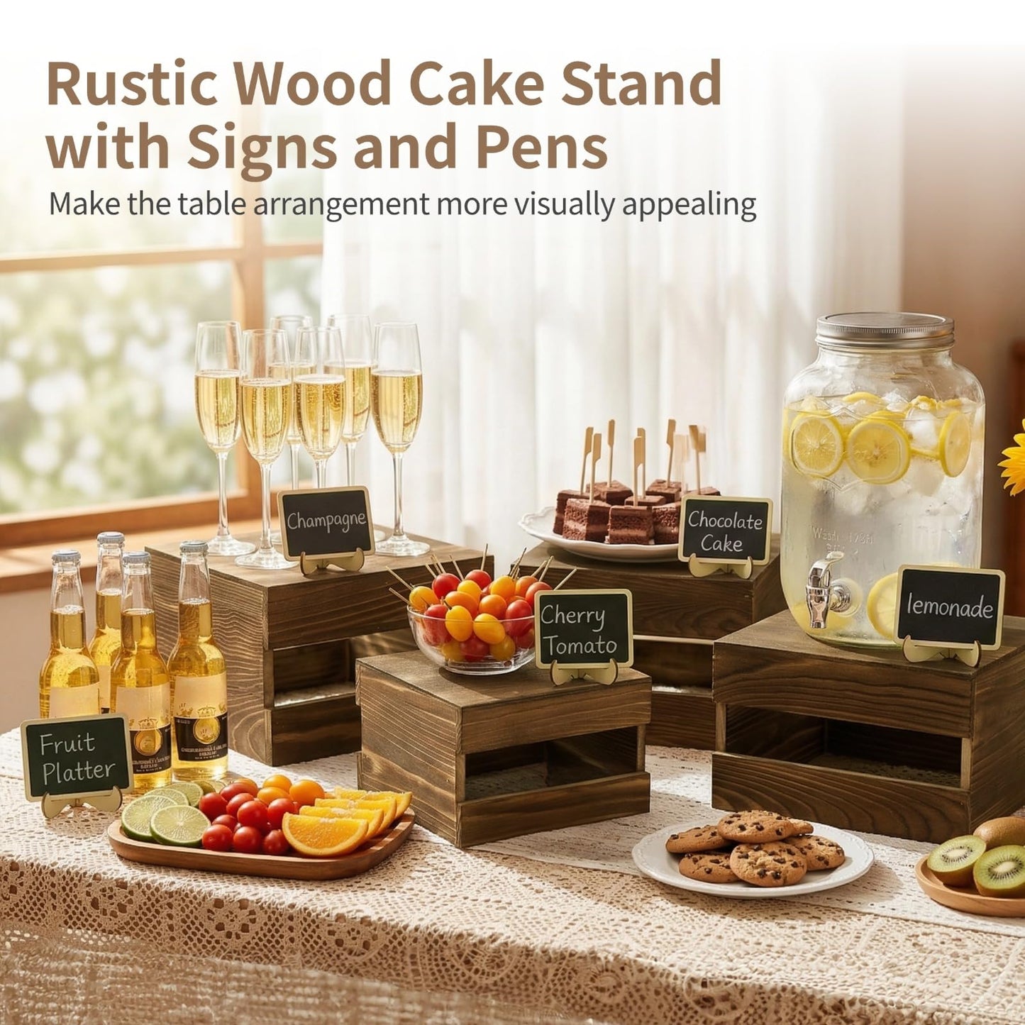 ZALIR 8 Pcs Rustic Wooden Risers for Table Display with 8 Mini Signs and 2 Pens - Tiered Dessert Display Stands, Rustic Cake Stand Buffet Risers for Party, Wedding, Birthday, Shower, 4 Sizes