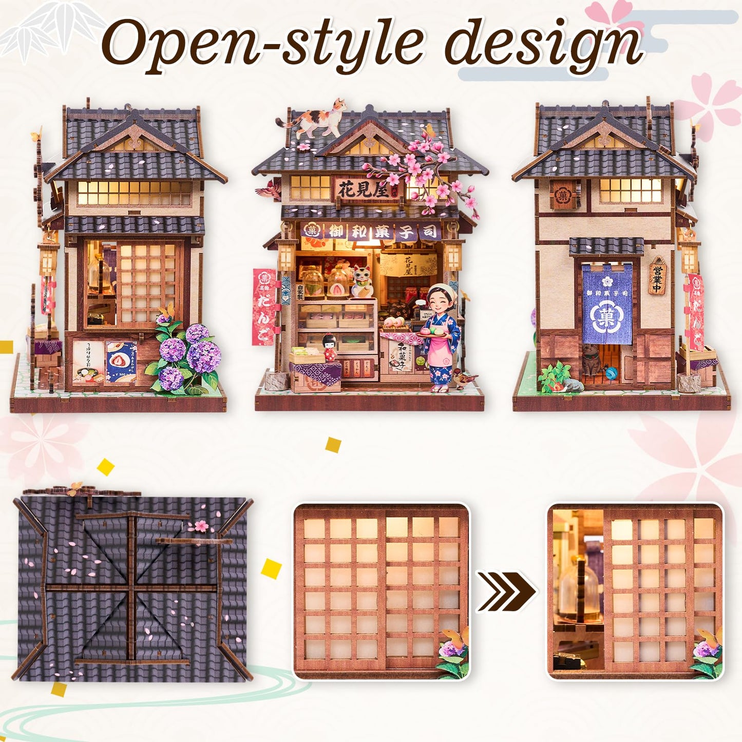 DIY Miniature Dollhouse Kit, Japanese Wagashi Shop 3D Wooden Puzzle with LED Light, Cherry Blossoms & Furniture, Cozy Home Decor, Relaxing Craft Hobby for Adults,Hanamiya