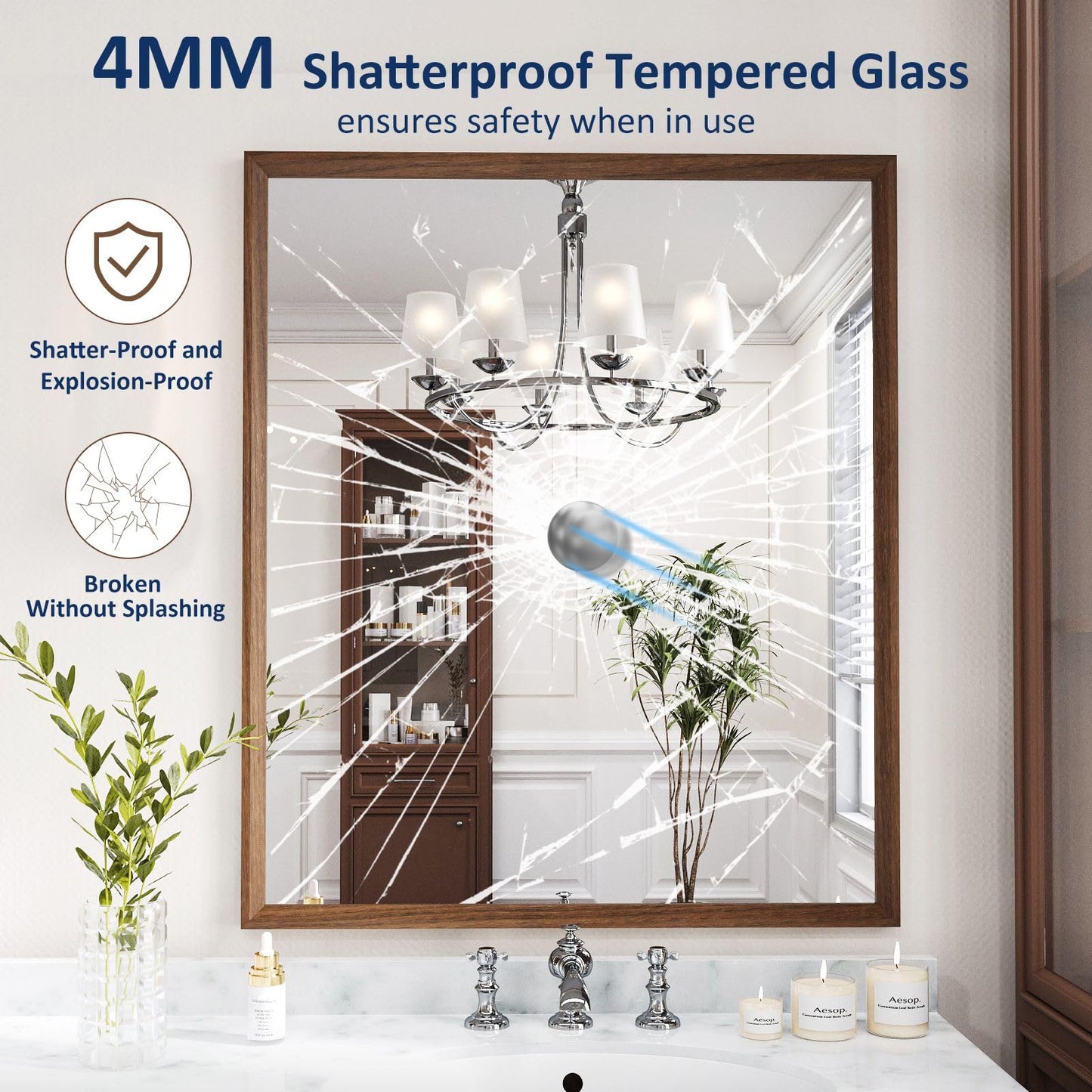 WEER Walnut Framed Mirror for Bathroom, 36x30 Inch Wall Mounted Mirror, Wood Grain Framed Vanity Mirror, Farmhouse Bathroom Mirror, Tempered Glass, Vertically or Horizontally, Anti-Rust
