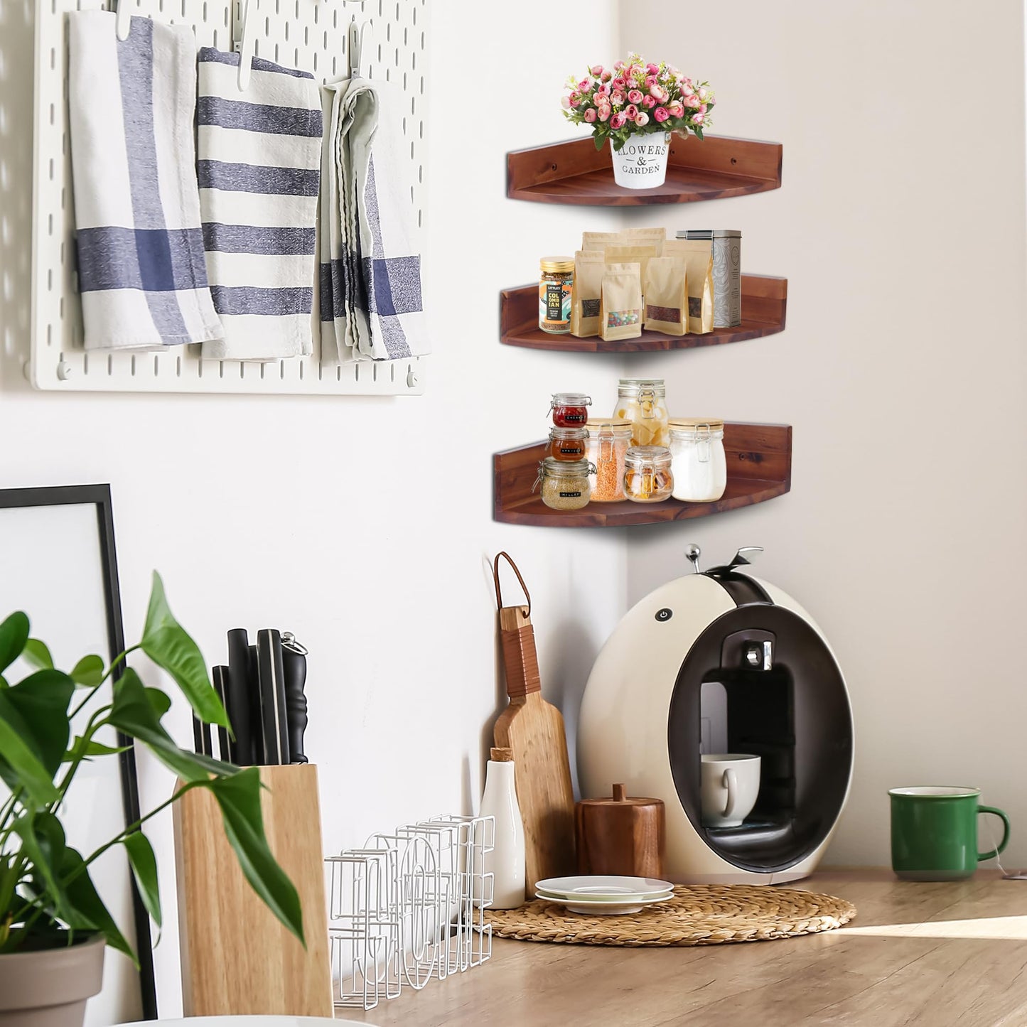 Demigo Corner Shelf Wall Mount Set of 3, Solid Acacia Wood Round Floating Corner Shelves for Storage and Display, Hanging Wood Shelves for Bedroom, Kitchen, Living Room, Bathroom (Brown)