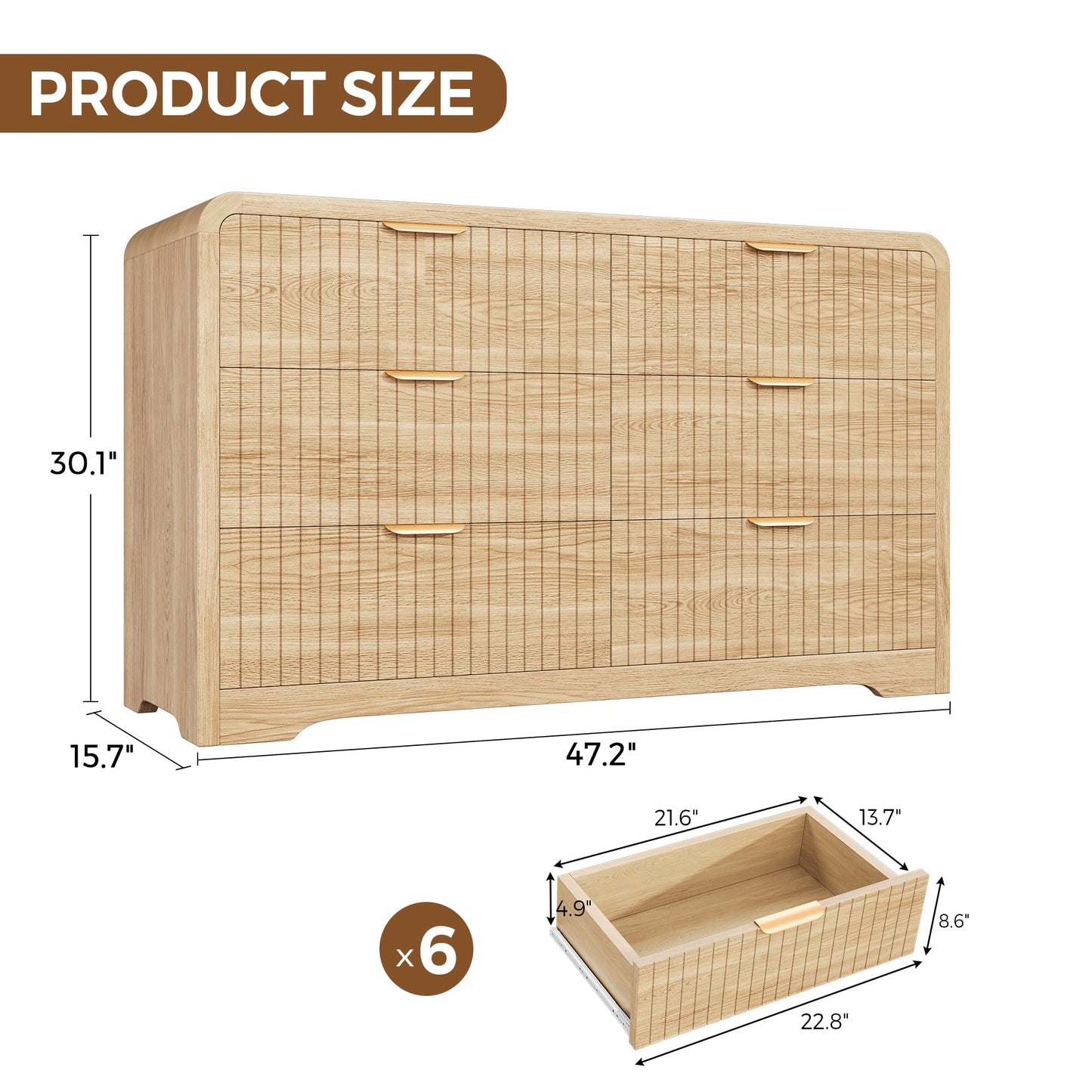 Jocoevol Modern 6 Drawer Dresser, 47" Wide Wood Dressers & Chests of Drawers Curved Profile Design, Mid Century Modern Fluted Dresser for Bedroom, Natural Oak