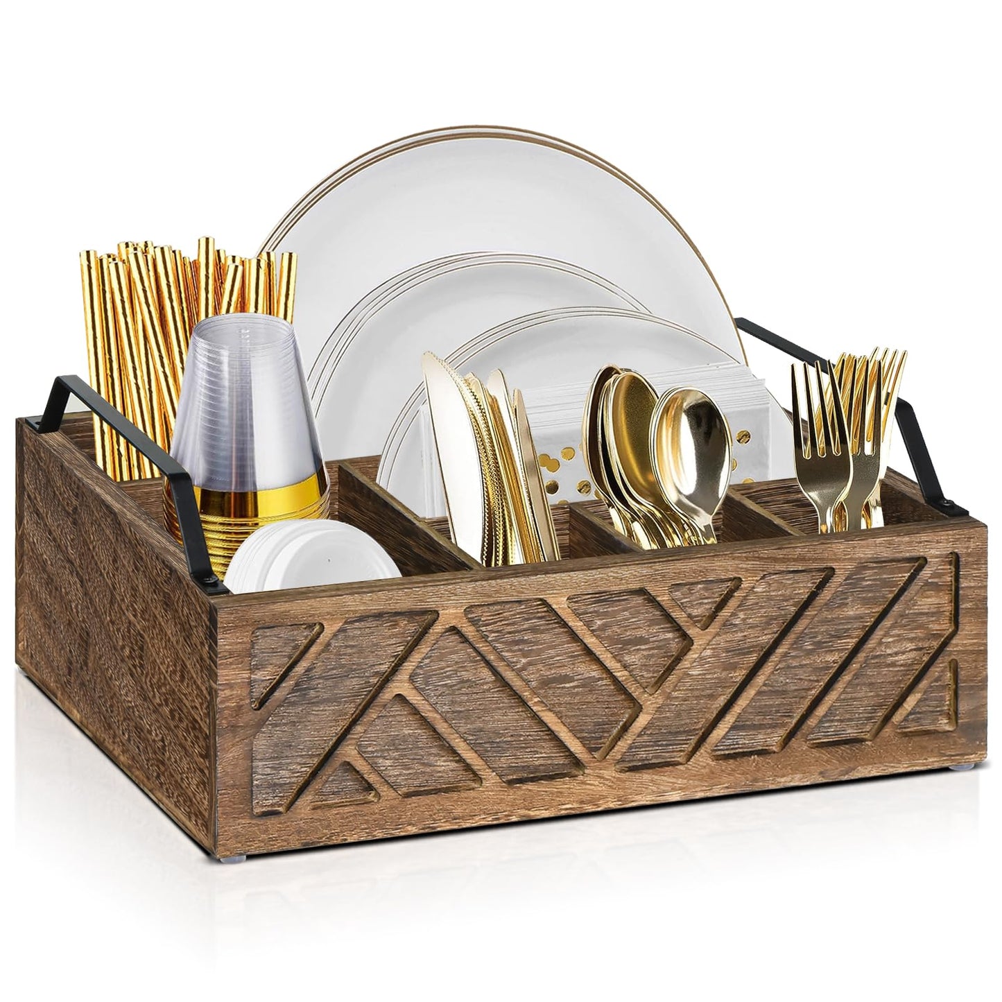 Ukonvi Flatware Organizers Paper Plate Dispenser with Handles, Paper Plate Holder for Kitchen Counter, Wood Rustic Silverware Utensil Caddy, Brown