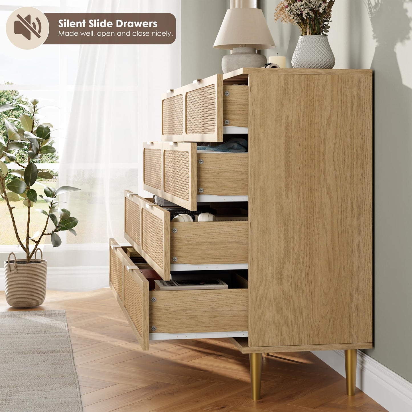 GarveeHome Rattan 8 Drawer Dressers for Bedroom, Tall Dresser with Deep Drawers, Large Chest of Drawers for Closet with Wide Top, Long Wooden Dresser for Living Room, Hallway, Kids Room, Natural