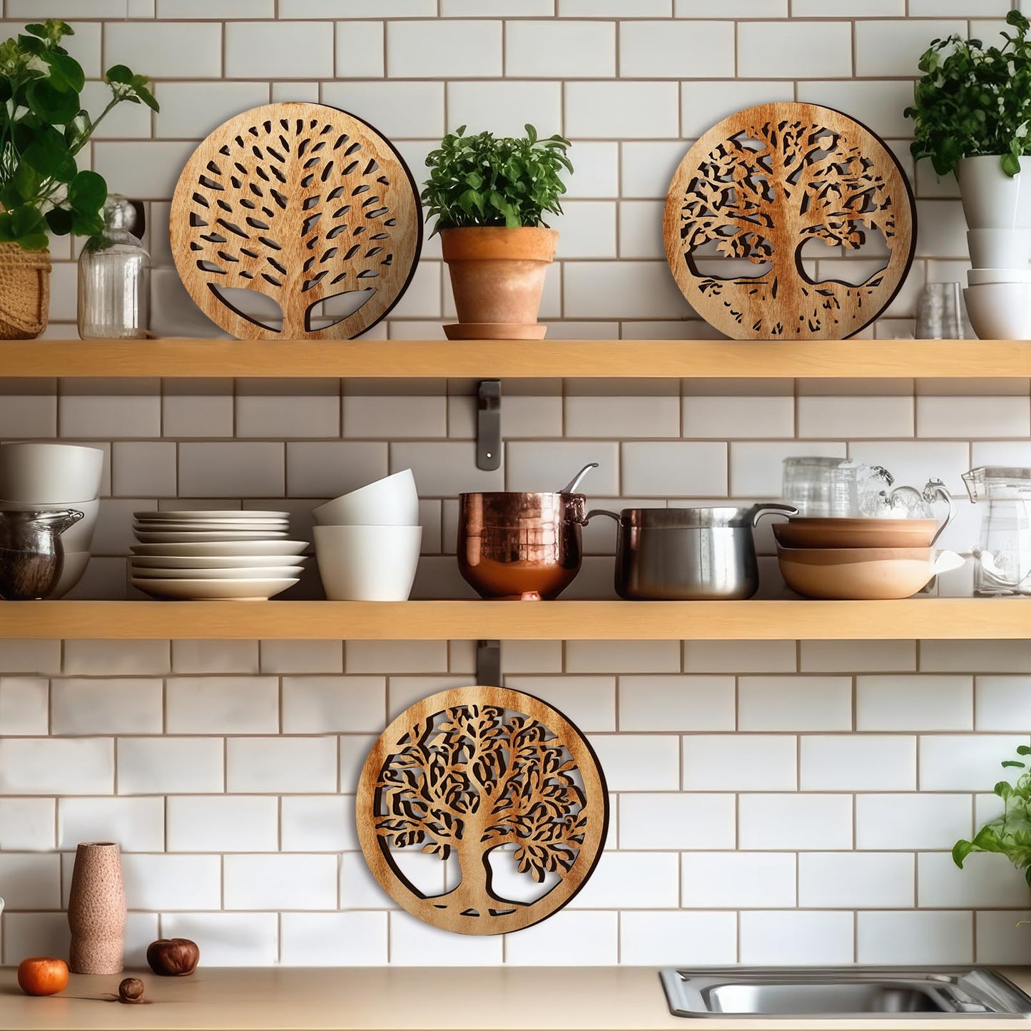 Beeveer 3 Pcs Life Tree Wooden Trivets for Hot Dishes 8 Rustic Round Tree Trivet Set Hot Plate Holders Heat Resistant Polite Trees Coasters for Table Dishes Pots and Pans(Light Wood Color)