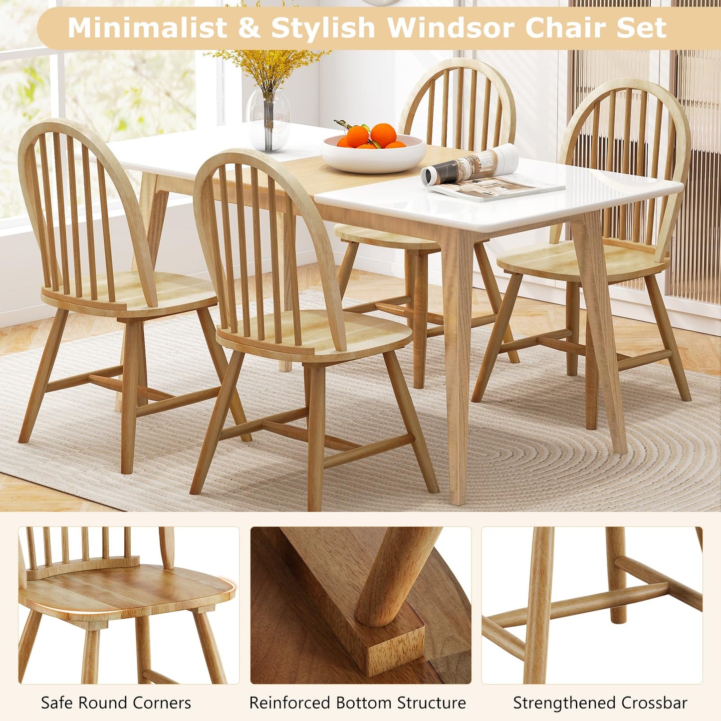 HAPPYGRILL 2 Pieces Wooden Dining Chairs Set, Vintage Armless Windsor Chairs, Kitchen Dining Chairs with Backrest, Natural