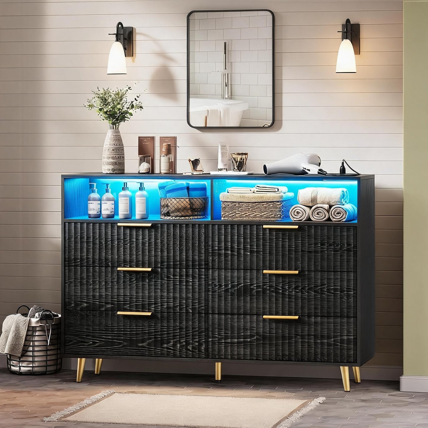 IDEALHOUSE 6 Drawer Fluted Dresser for Bedroom, 47.2" Wide Modern Chest of Drawers with Metal Handles, Wooden TV Stand, Storage Organizer for Closet, Living Room, Hallway, Black