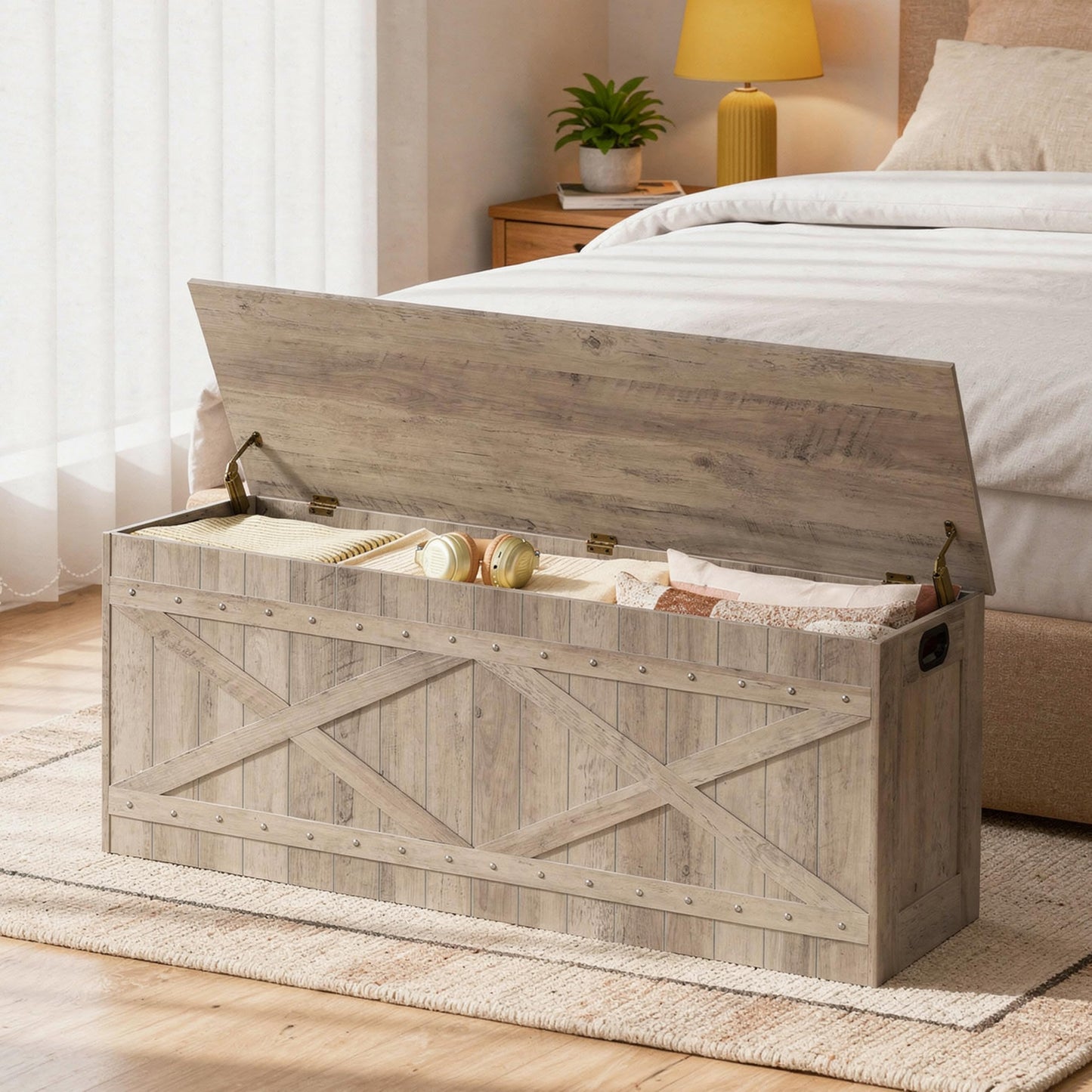 MAHANCRIS 47.2" Storage Chest, Extra Large Toy Box with 2 Safety Hinges, Wooden Toy Chest, Storage Bench with Rivets, Storage Trunk for Bedroom, Living Room, Entryway, Greige SCGY18501
