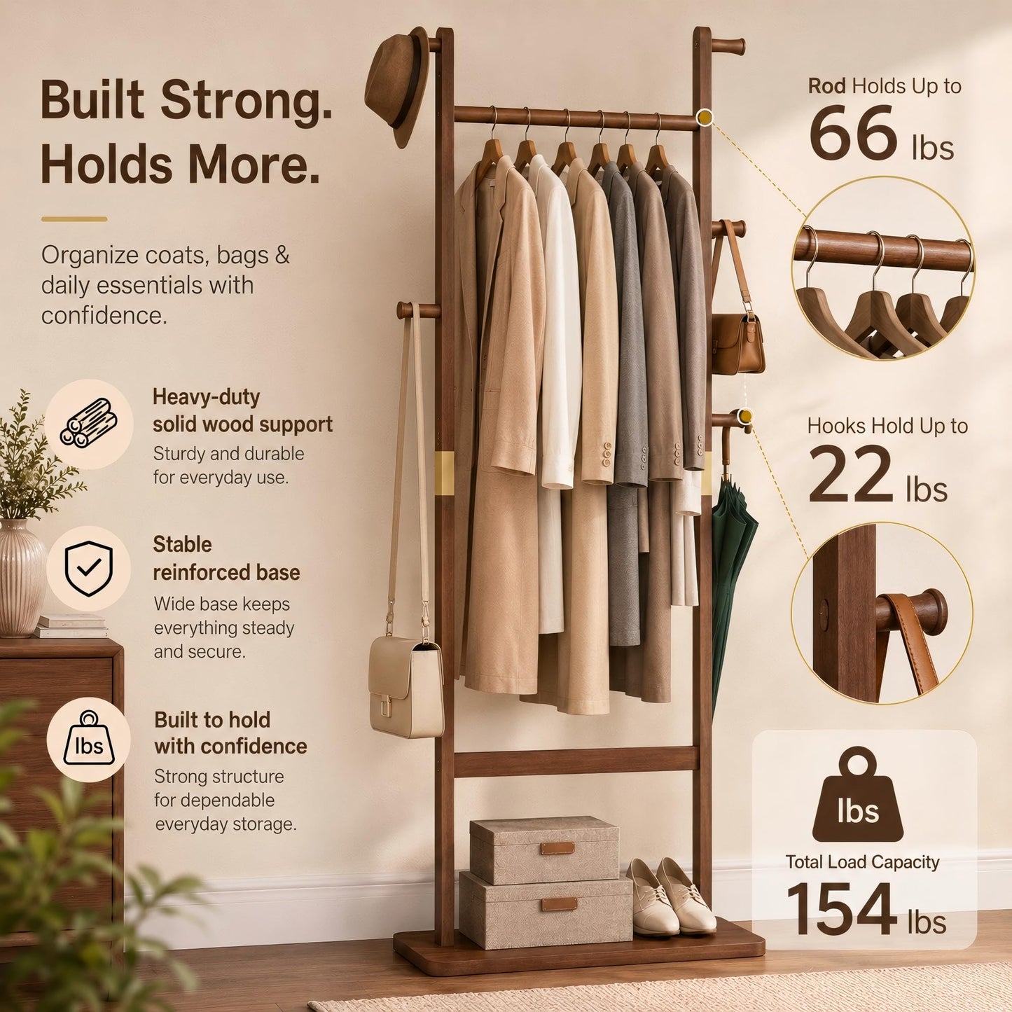 Solid Wood Coat Rack Freestanding, Clothing Rack with 5 Hooks & Bottom Shelf, Coat Rack Stand for Hanging Clothes, Wood Hall Tree Organizer for Entryway, Bedroom (Walnut Brown 23.6"W x 70.8"H)
