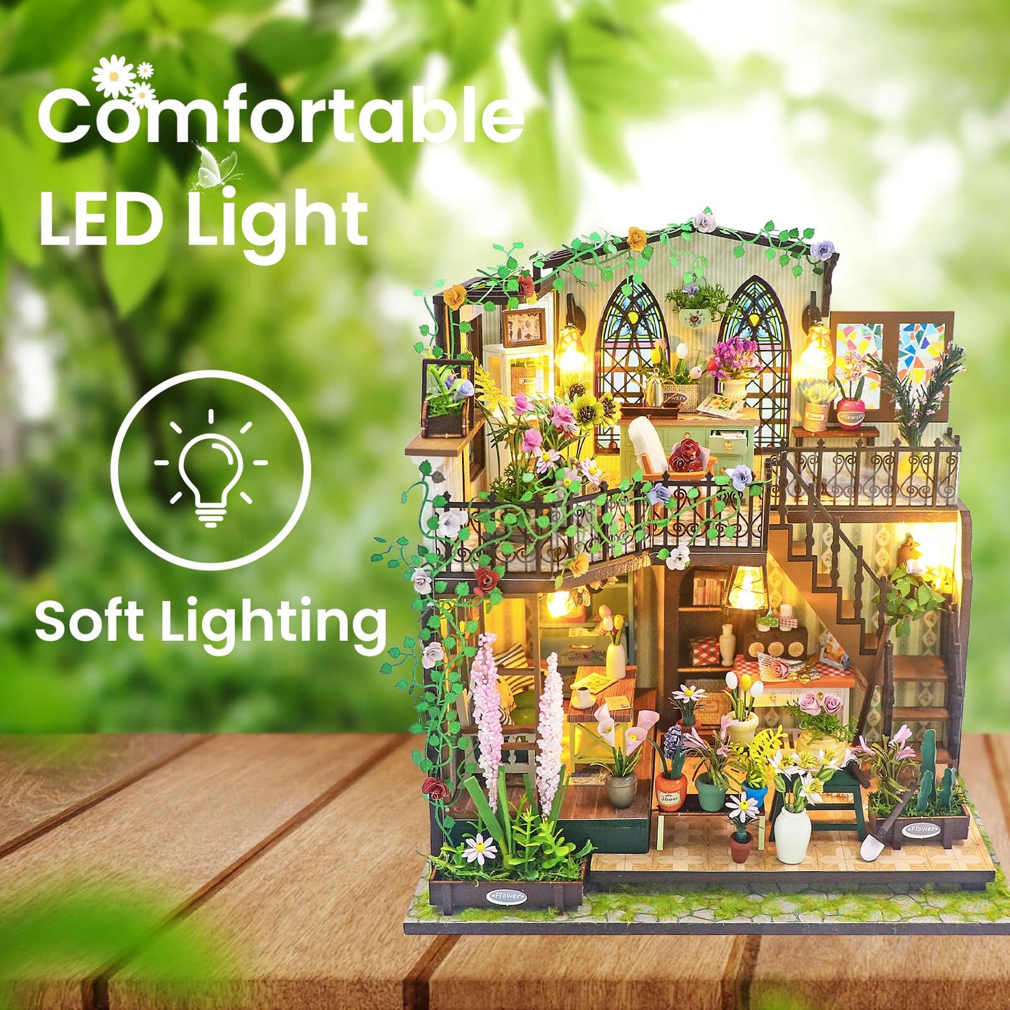 DIY Miniature House Kit, DIY Wooden Garden House with LED Light, Mini House Building Kit with Furniture for Adult Teen, DIY Adult Crafts for Home Decoration, Birthday Gifts for Family, Friends