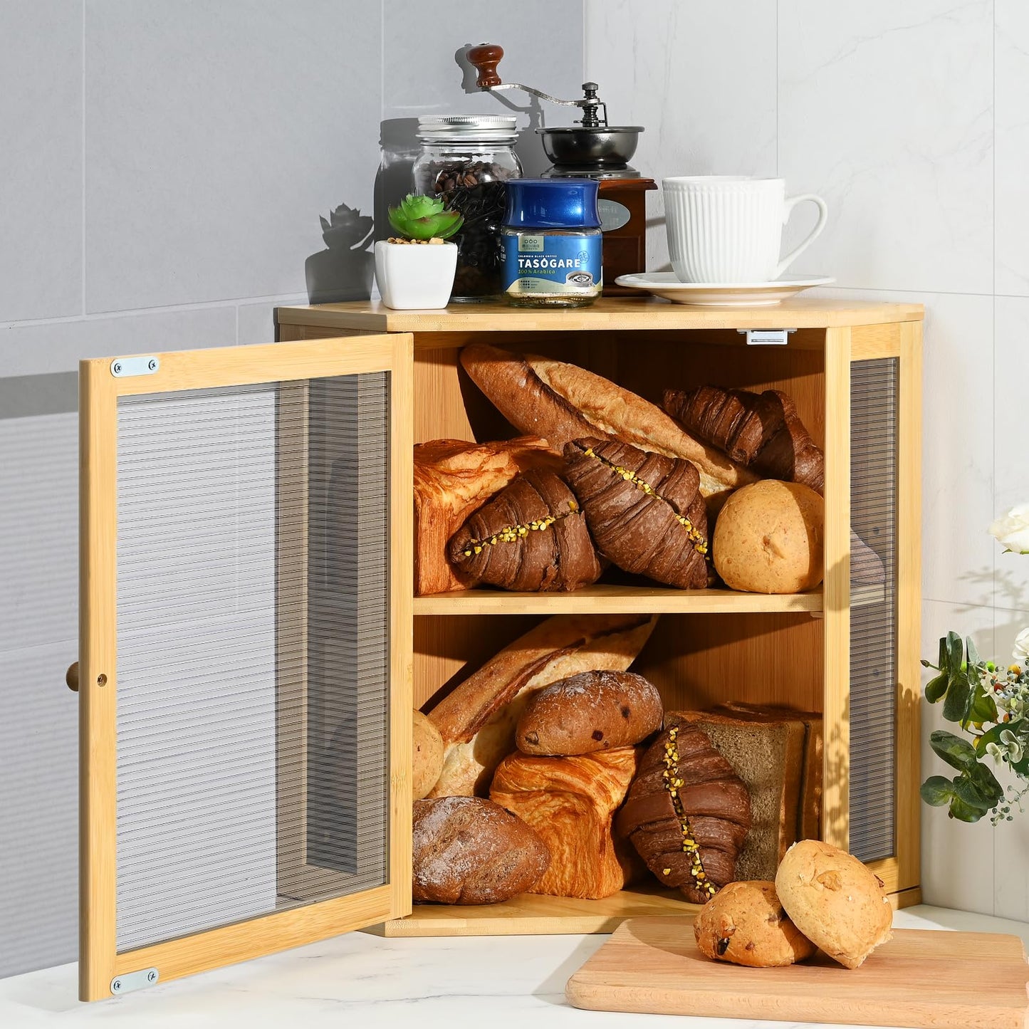 Ollieroo Bread Box,Bamboo Bread Container,Double Layer Large Capacity Storage Bins,Kitchen Countertop Bread Box,Bread Saver with Acrylic Wavy Door Panel,Bamboo,Extra Large