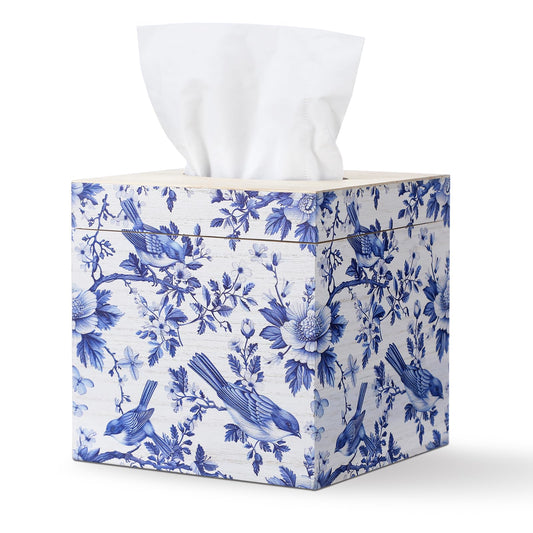 GlikCeil Blue and White Tissue Box Cover Wooden Floral Bird Vintage Square Tissue Box Holder 6 x 6 x 6 Inch for Bedroom Bathroom Office Desk Countertop Modern Farmhouse Decor