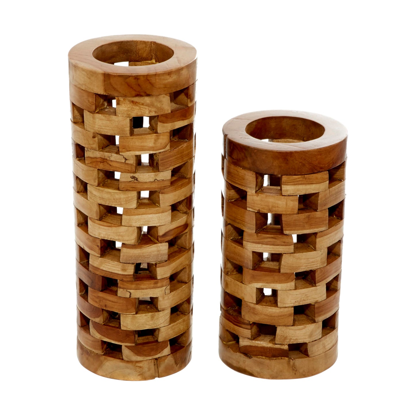 Deco 79 Teak Wood Handmade Decorative Vase Centerpiece Vases with Cut Out Patterns, Set of 2 Vases for Home Decoration 16", 12" H, Brown
