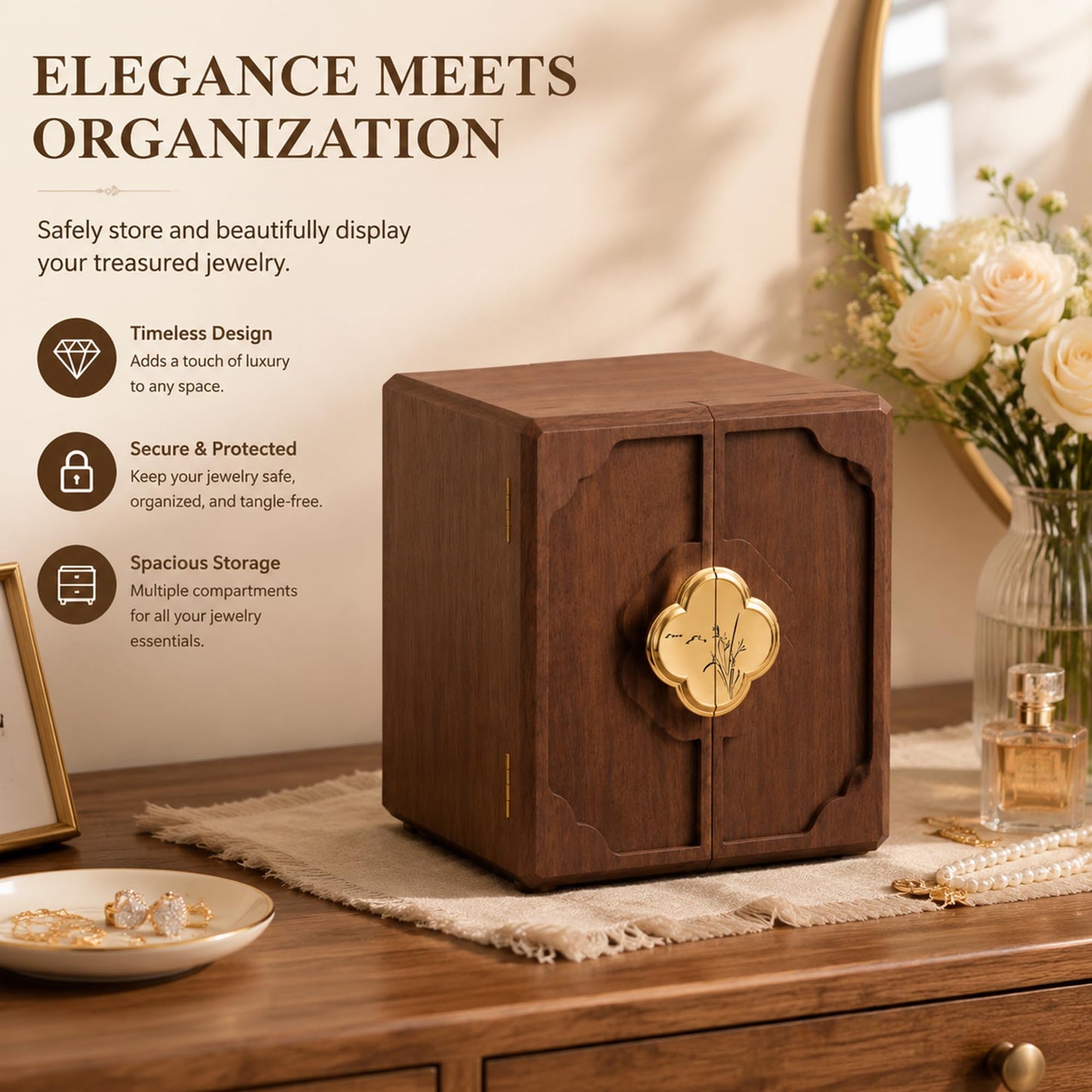 Black Walnut Jewelry Box for Women ,Jewelry Storage Case for Necklaces, Rings, Earrings,Watches - Ideal Gift for Wife, Mom, Daughter, Bride, Mother's Day, Valentine's Day, Anniversary, Wedding