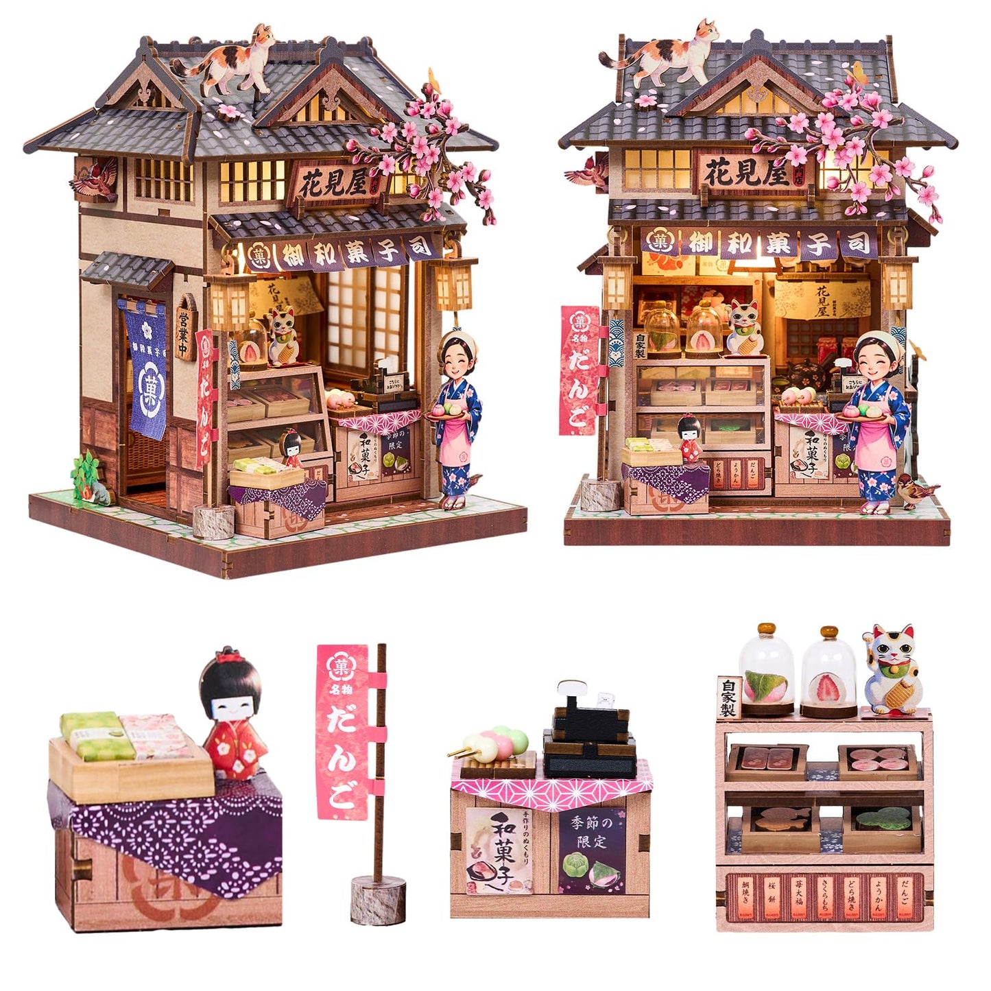 DIY Miniature Dollhouse Kit, Japanese Wagashi Shop 3D Wooden Puzzle with LED Light, Cherry Blossoms & Furniture, Cozy Home Decor, Relaxing Craft Hobby for Adults,Hanamiya