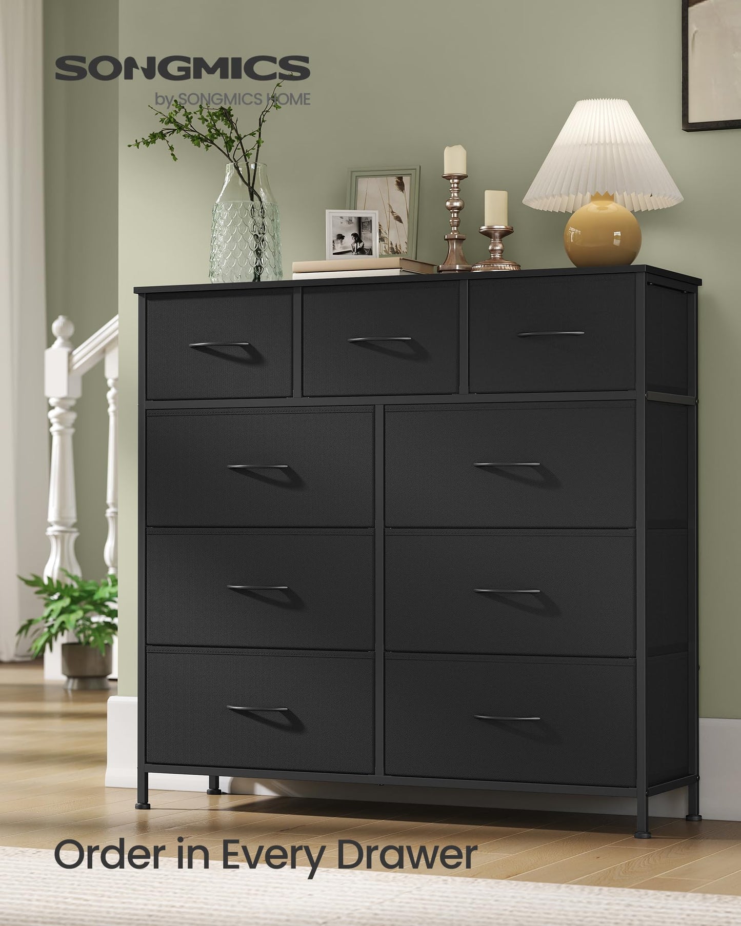 SONGMICS BELLAH Collection - Dresser for Bedroom, Chest of Drawers, Storage Organizer Unit, Closet, Entryway, Steel, 9 Drawers, Modern, Ink Black and Ebony Black ULGS324B01S