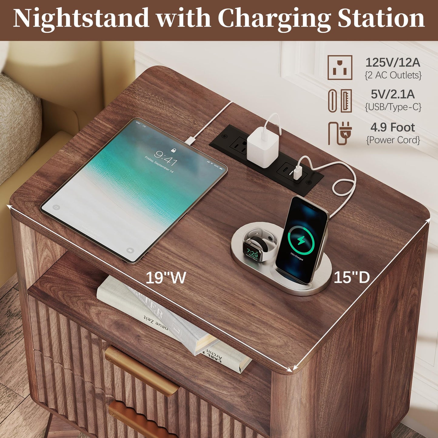 Baoz Walnut Fluted Nightstand with Charging Station & 2 Drawers for Bedroom