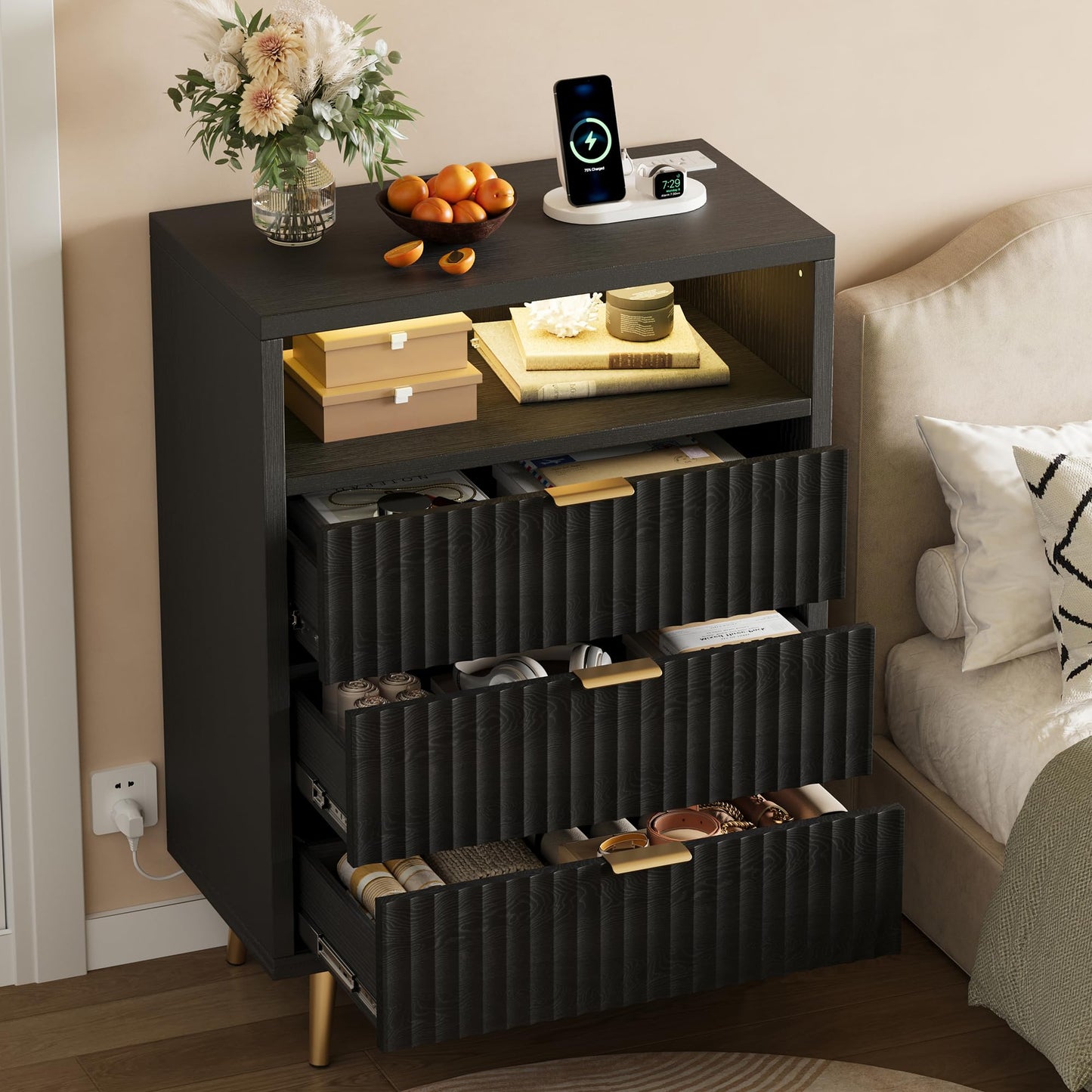 3 Drawers Dresser for Bedroom, 28" W Wooden Dresser with LED Lights and Charging Station, Fluted Wood TV Stand with Gold Handle, Modern Chest of Dressers for Closet, Living Room, Hallway, Black