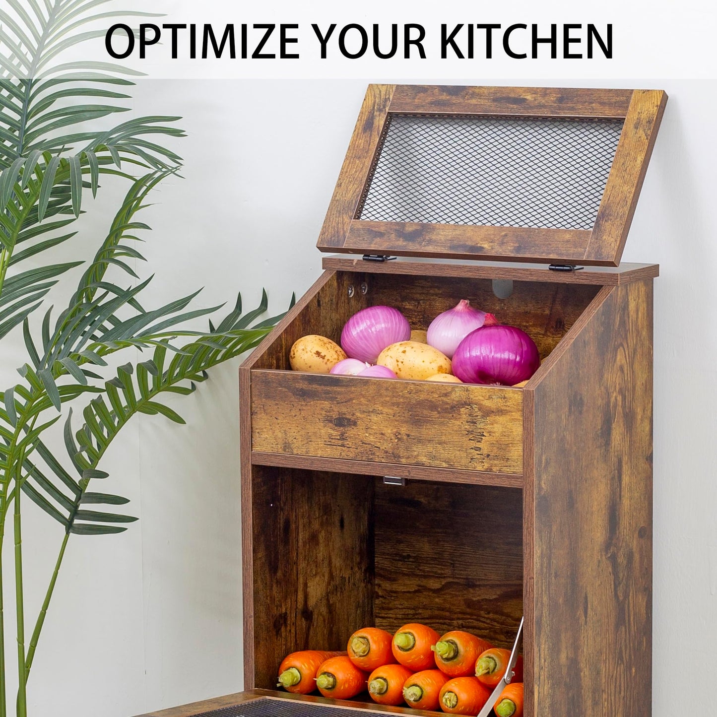 TDLEAYYD Potato Storage Bin Wooden Bread Box, Mid Century Modern Vegetable Storage Box with Lid, Farmhouse Potato and Onion Storage Cabinet for Kitchen,Brown