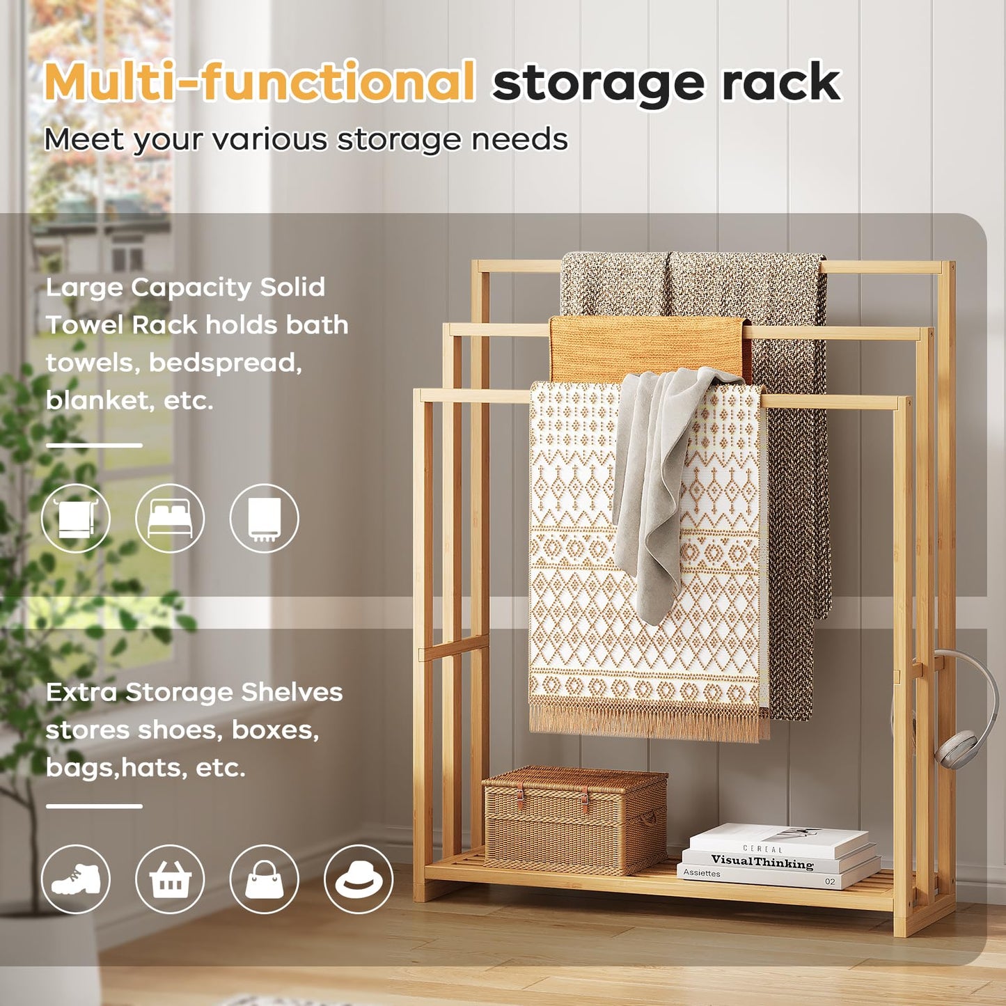 oakvivo Free Standing Towel Rack, 3 Tier Bamboo Blanket Rack for Bathroom, Blanket Drying and Display Racks with Shelf, Blanket Holder for Oversized Bath Towels (Natural)