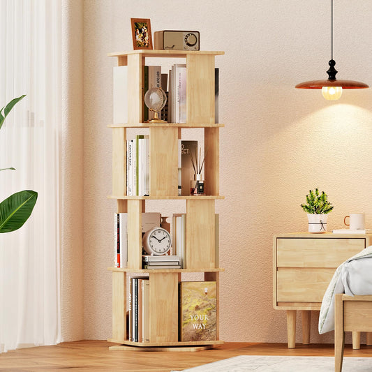 Natural Wooden 4-Tier 360° Rotating Bookshelf Tower, Stable Square Spinning Revolving Corner Bookcase, Floor Standing Narrow Storage Organizer for Kids & Adults, Space Saving Book Rack for Bedroom