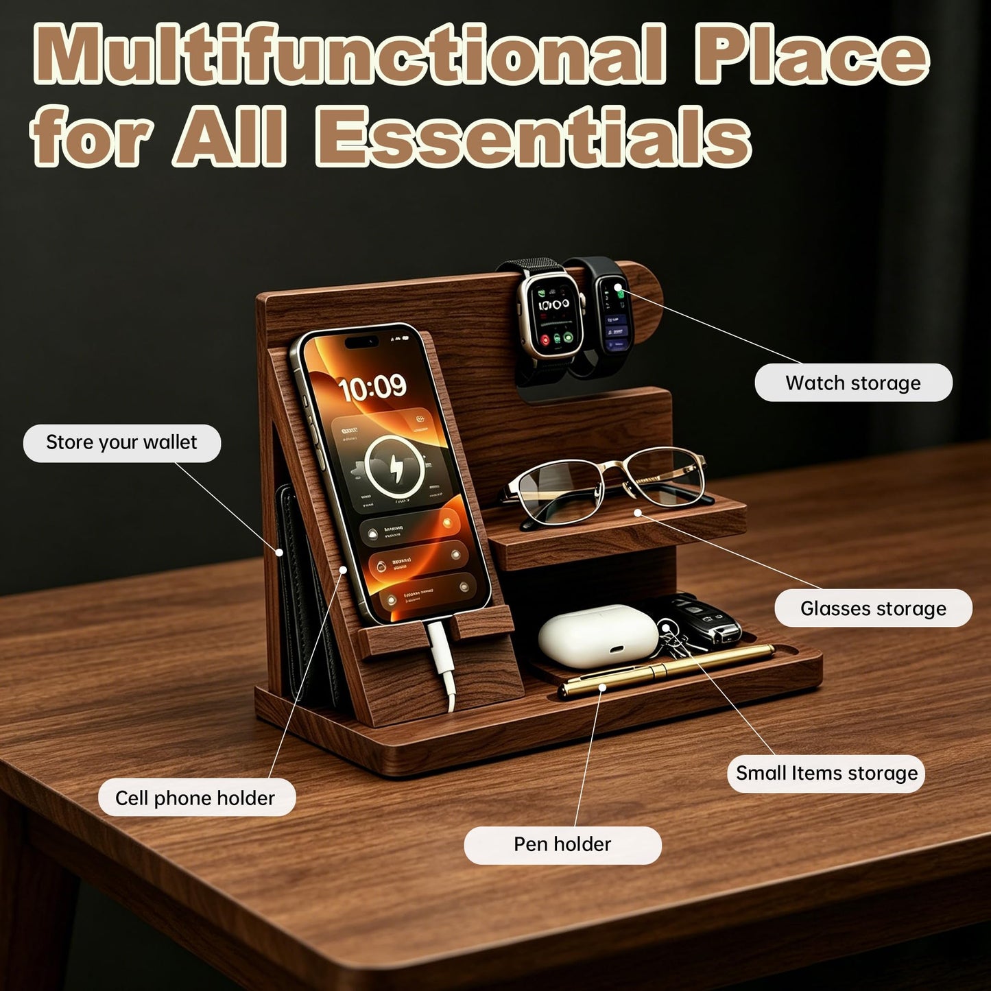 Iswabard Gifts for Men Wood Phone Docking Station Birthday Gift for Men Valentines Day Gifts Father Gift for Him Boyfriend Nightstand Organizer Desktop Phone Stand
