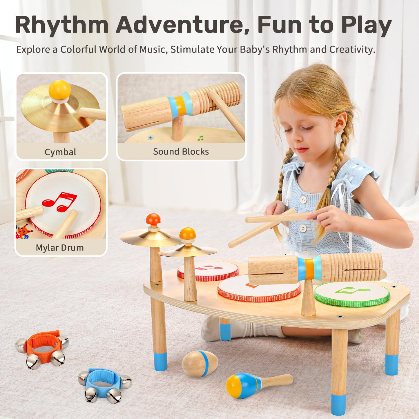 WINGYZ 11-in-1 Toddler Drum Set-Low Noise Wooden Baby Musical Instruments for Toddlers 1-3 & Montessori Musical Toys,Music Table with Bongo Drums, Cymbals, Maracas & Wrist Bells for Early Rhythm Play