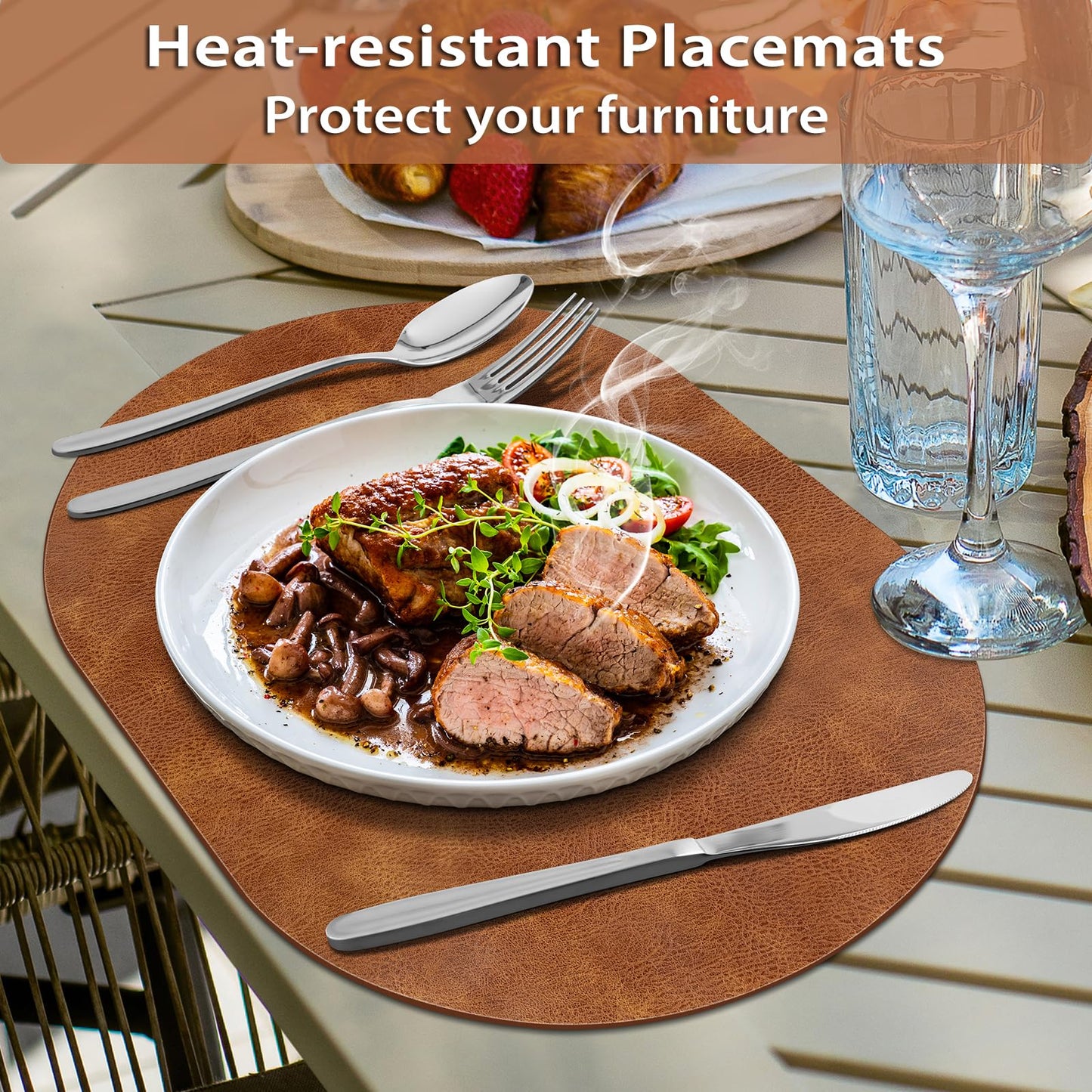 ADRIMER Placemats, Heat Resistant Oval Placemats Set of 4 Washable 12 x 17 Inch, Waterproof Table Mats, Wipeable Pu Place Mats for Kitchen, Dining Room, Turmeric Brown+Light Brown+Green+Blue