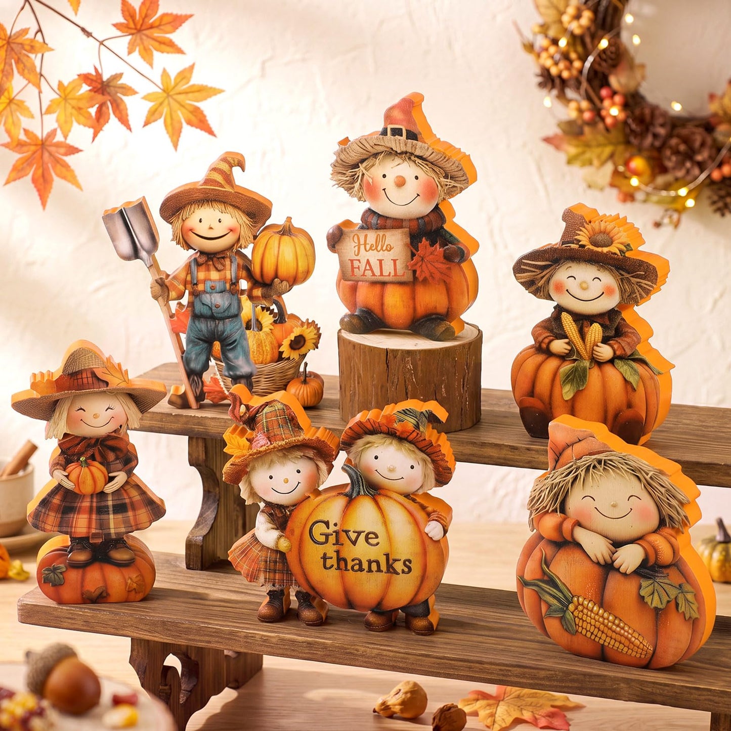Vicenpal 6 Pieces Fall Decor Wooden Scarecrow Pumpkin Figurines Rustic Autumn Harvest Tabletop Decoration for Thanksgiving Home Kitchen Centerpiece, Shelf Sitter Holiday Display