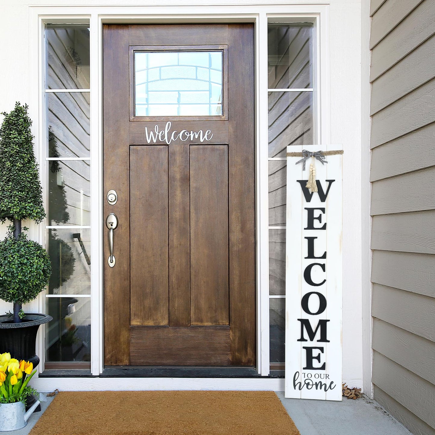 MODE HOME Large Vertical Welcome Sign for Front Door Porch, 47x10 Inch Solid Wood Farmhouse Porch Decor, 3D Raised Letters Rustic Welcome to Our Home Sign with Beads & Bow, No Assembly Required, Whitewashed