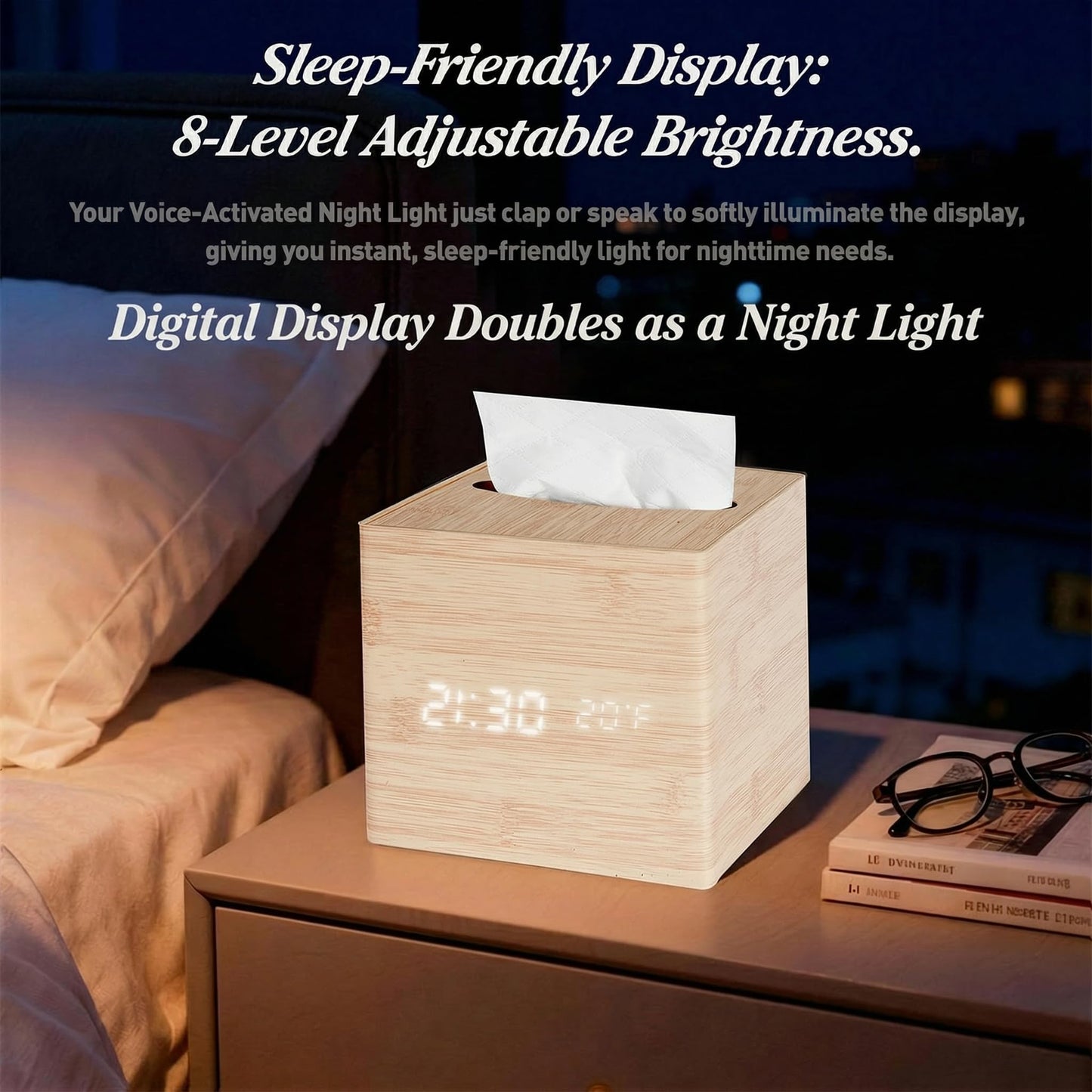 ANHUXINLEI Wooden Tissue Box Cover - Digital Square Holder with Dimmable Alarm Clock, Temperature and Date Display - Cordless Home Decor for Office Desk, Nightstand and Bedroom Organization