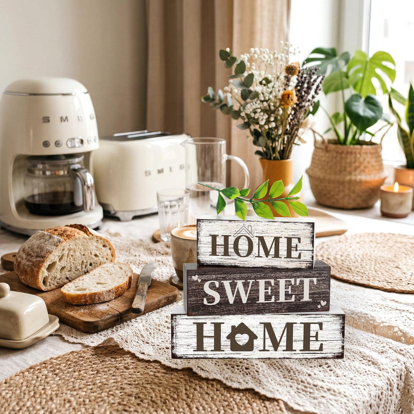 4 Pcs Home Farmhouse Wooden Tiered Tray Decor, Eucalyptus Leaves Retro Rustic Table Centerpiece Decorations Gifts for Home Kitchen Mantel Table Shelf Office