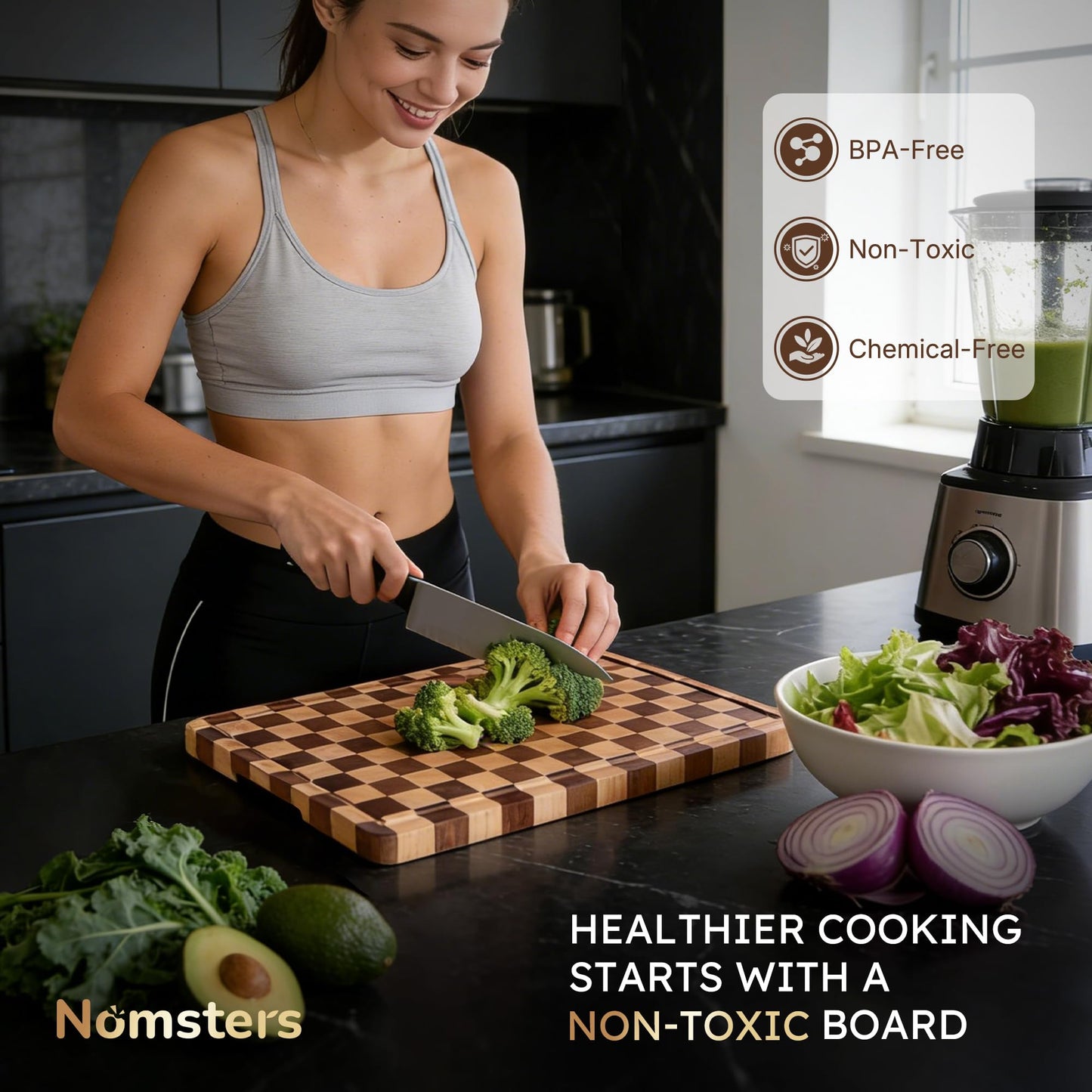 Nomsters 3 Packs Cutting Boards for Kitchen Checkered Cutting Board Acacia Wood Charcuterie Board Serving Heavy Duty Non Toxic Slip Butcher Block Wood Chopping Board with Juice Grooves Handles