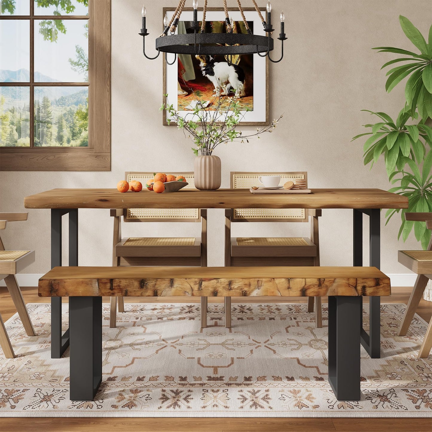 TRIBEWOOD Solid Wood Dining Bench, 47'' Industrial Entryway Bench with Black Metal Legs, Narrow Long End of Bed Bench for Bedroom, Kitchen, Living Room, Hallway, Easy Assembly