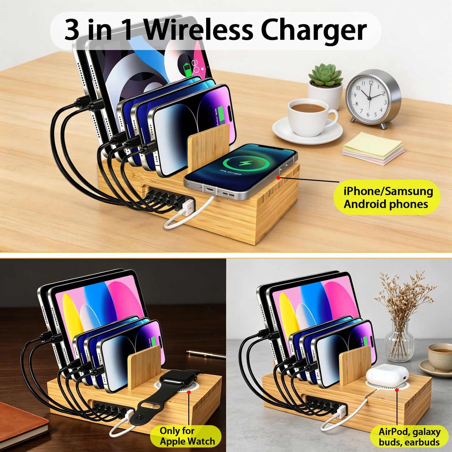 Xunhonom 6 Port USB Charging Station for Multiple Devices PD 100W Bamboo Charging Station Organzier with Detachable 15W 3 in 1 Wireless Charger Station for iPhone Android Apple Watch AirPod Tablet