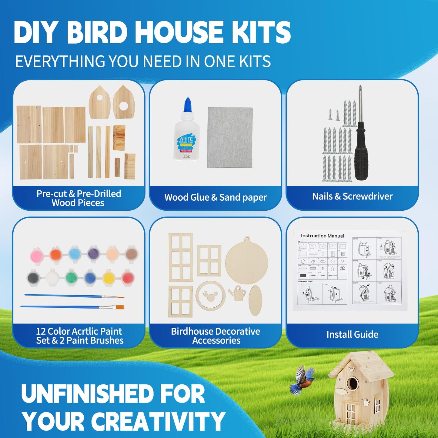 DIY Birdhouse Kit for Adults - Wooden Craft House to Build and Paint, Complete Set with Brushes, Non-Toxic Paint, Sandpaper & Glue, Creative Garden Yard Patio Decor Gift Idea