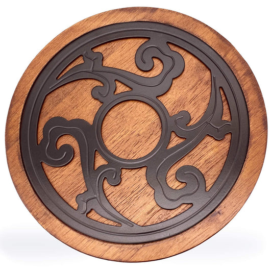 Cast Iron with Wood Trivet, Metal Trivets for Hot Dishes, Decorative 8-inch Round Kitchen Hot Pad, with Vintage Pattern for Serving Pot, Plates & Teapot on Kitchen Countertop or Dinning Table(Black)