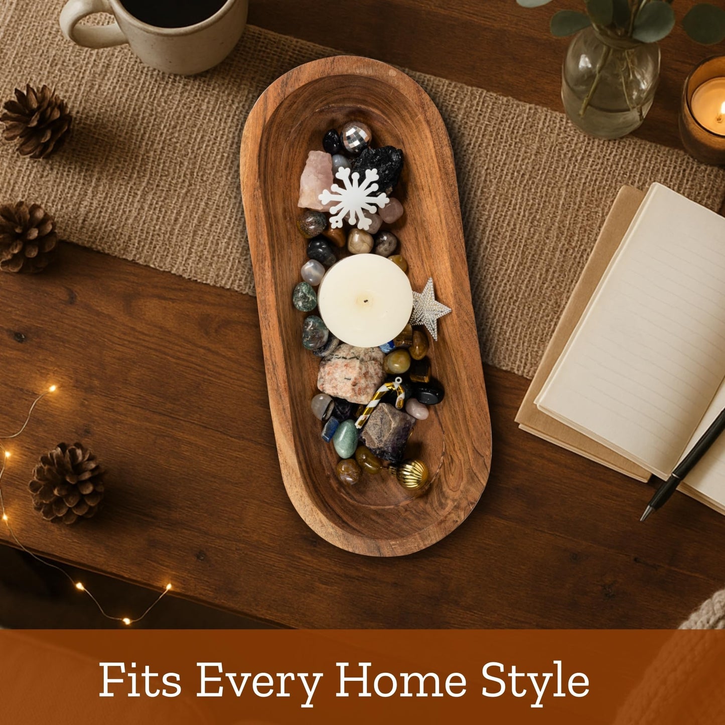 Mie Creations 16.5'' Large Wooden Dough Bowl for Decor, Farmhouse Decorative Centerpiece Oval Dough Bowls for Table | Handmade Long Acacia Wood Bowl, Rustic Thanksgiving Christmas Dining Decorations