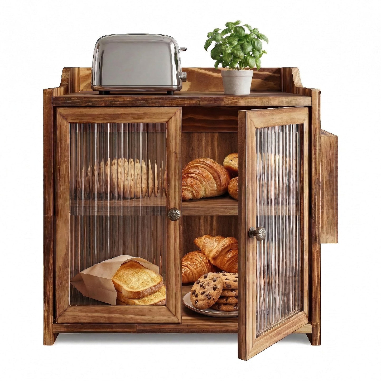 ZOOIQ Farmhouse Wooden Bread Box with Double Fluted Glass Doors, 2-Tier Counter Corner Storage Cabinet, Rustic Kitchen Countertop Organizer for Bread Coffee Spices