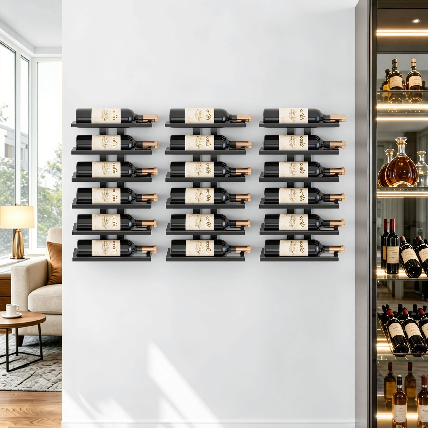 Hoctieon 3-Set 6 Tier Wall Mount Wine Rack (18 Tiers), Wall Racks for Wine Bottles Display and Storage, Hanging Bottle Organizer for Living Room, Dining Room, Wine Cellar, Bar, Black