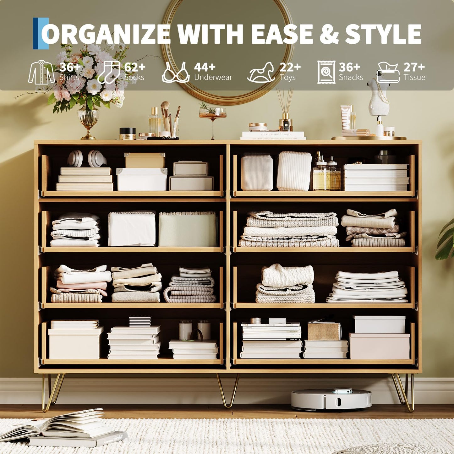 GarveeHome Fluted Dresser for Bedroom with 8 Drawers,55" Wide Modern Chest of Wooden Bedroom Chest with Metal Handle,Clothes Storage Organizer,Dresser & TV Stand for Living Room,Nutural