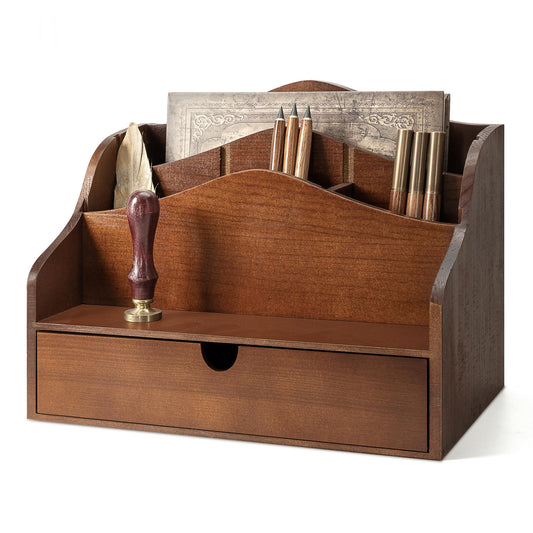 Pine Wood Mail Organizer for Desk - Rustic Mail Sorter with Drawer & Dividers - 4-Slot Mail Sorter for Letters, Files & Small Essentials - Wooden Desk Organizer for Farmhouse Home Decor (Brown)