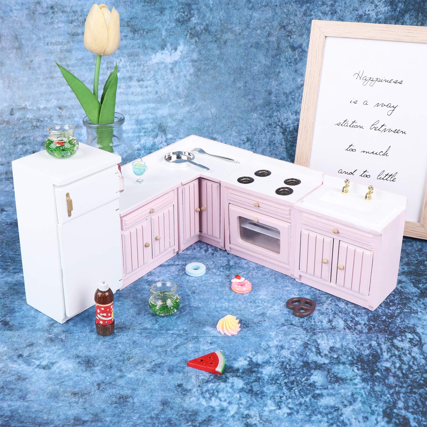 Haomian 1:12 Scale Dollhouse Kitchen Furniture Set, Pink Wooden Miniature L-Shaped Kitchen Cabinets with Fridge Sink Stove, Doll House Kitchen Accessories for Role Play DIY Decor Collectibles