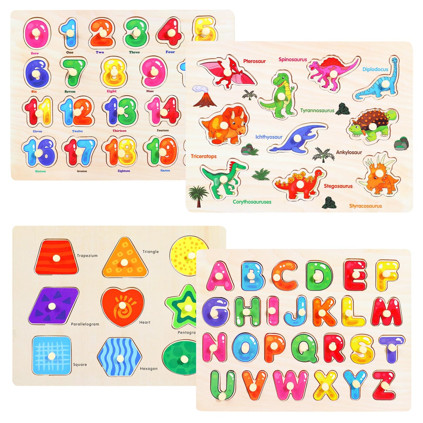Melofaver Montessori Wooden Peg Puzzles for Toddlers 3 4 5 Year Old, 4 Pcs Kids Educational Toys Preschool Learning Activities-Alphabet, Shape, Number and Dinosaur, Baby Puzzle Gifts for Boys Girls