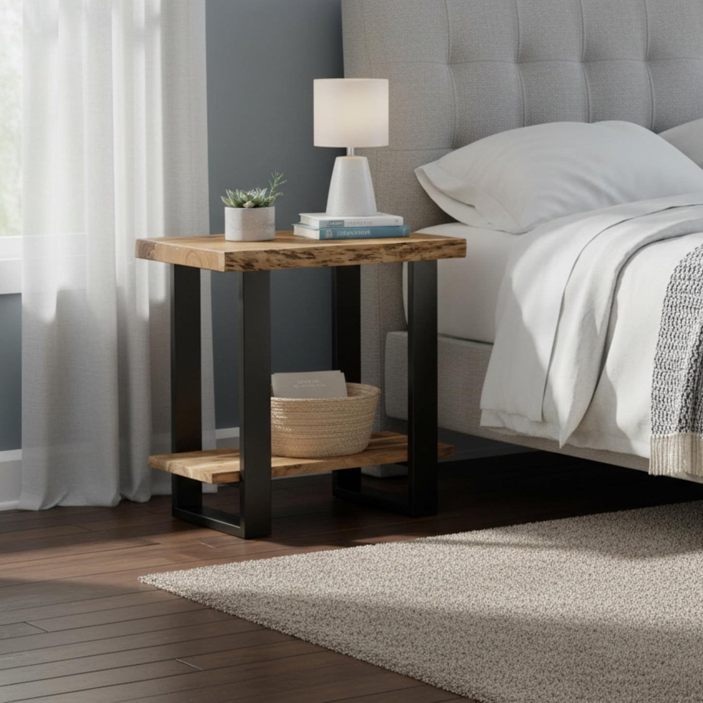 Alaterre Furniture Alpine Live Edge Modern End Table - 2-Tier Narrow Side Table with Open Storage Shelf - Solid Wood and Metal Modern Nightstands for Living Room or Bedroom (Natural)