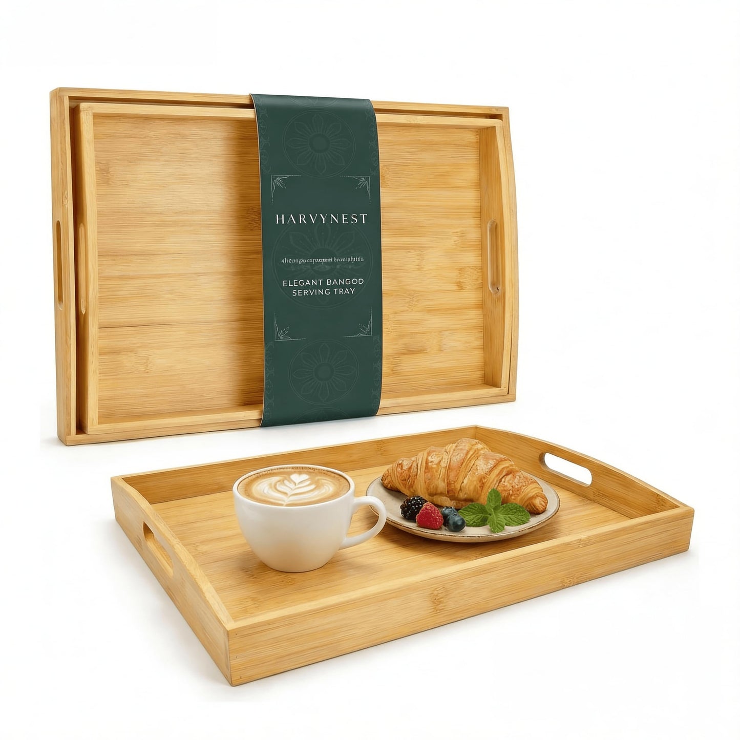 Bamboo Serving Tray Set of 2 with Handles, Nesting Wooden Serving Trays for Food & Drinks, Coffee Table Ottoman Tray for Living Room Decor, Large 16.9" x 12.7" x 1.5" & Small 15.6" x 11.7" x 1.5"