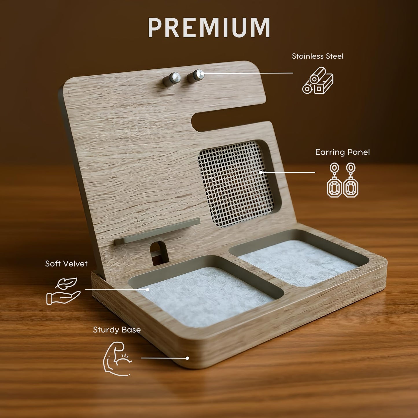 Namore Nightstand Organizer for Women – Wood Phone Docking Station & Jewelry Valet Tray for Phone, Earrings, Wallet & Keys – Unique Gifts for Women, Wife, Mom