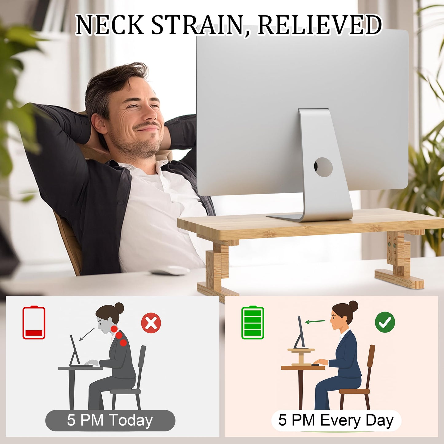 Qecamy Bamboo Monitor Stand Riser for Desk, Height Adjustable Computer Riser & Laptop Stand, Ergonomic Desktop Organizer Shelf W/ Underneath Storage, Sturdy 100 lbs Capacity for Printer/TV/Home Office