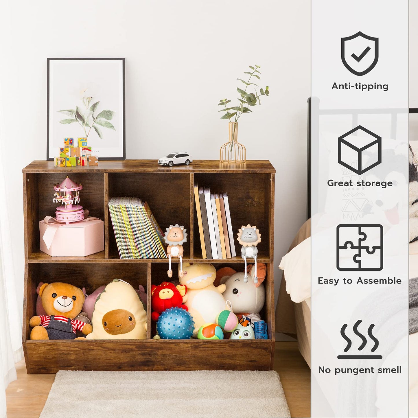 HOOBRO Kids Bookshelf, Bookcase Footboard, Toy Storage Cubby, 35.4" L Children's Toy Shelf, Toy Storage Cabinet, Fit for Children's Room, Playroom, Hallway, Kindergarten, Rustic Brown BF32CW01